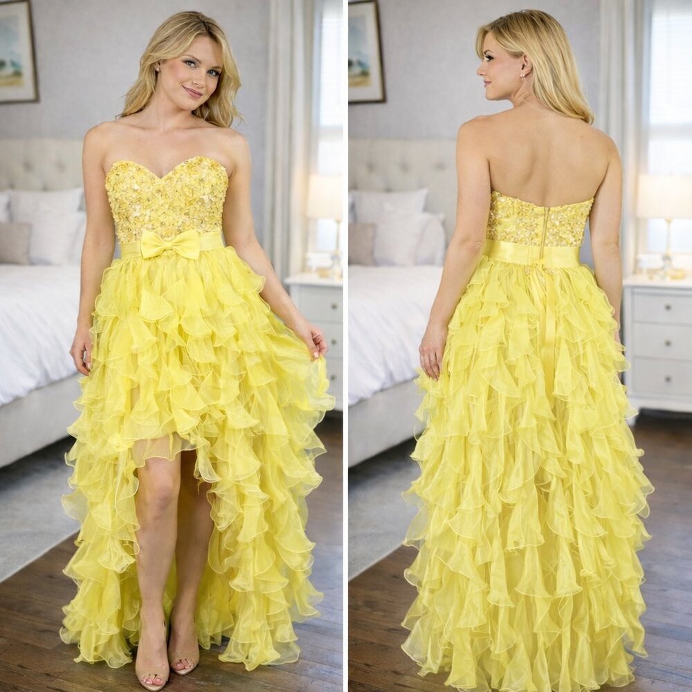 Sherri Hill Yellow Ruffle Organza Strapless Formal Gown $358